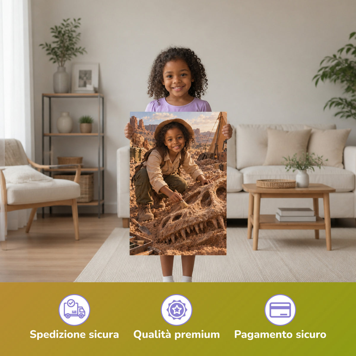 Lo scavo dei dinosauri – bambina con il poster stampato