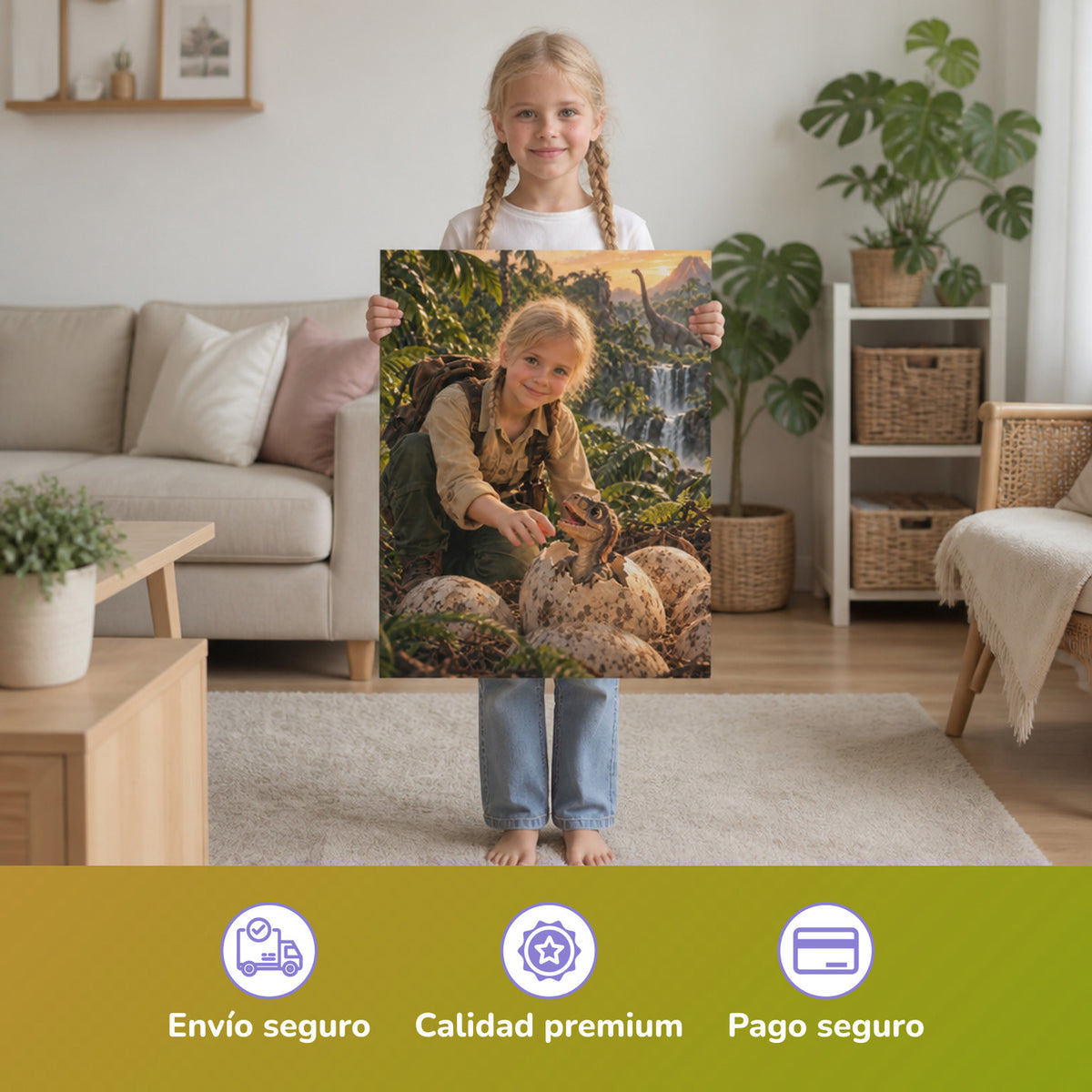 Cría de dinosaurio saliendo del huevo – niña con el póster impreso