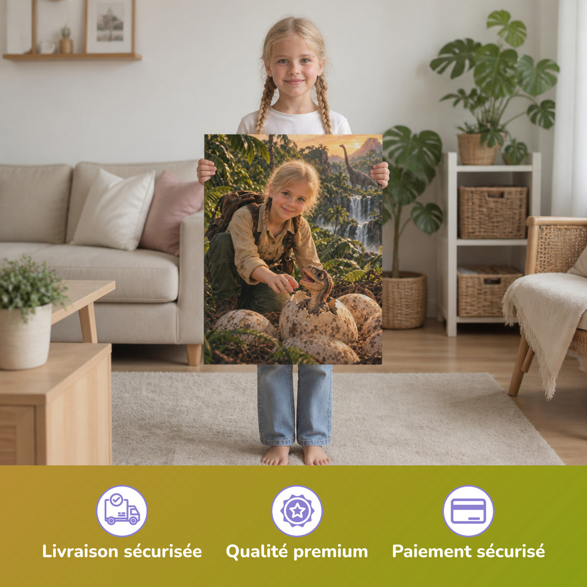 Dino-Baby schlüpft aus dem Ei – Mädchen hält das gedruckte Poster