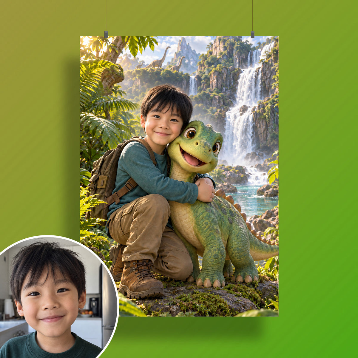 Mein Dino-Freund am Wasserfall – Poster an der Wand