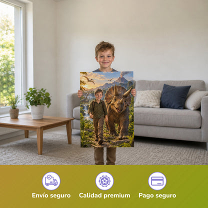 Unterwegs mit dem Triceratops – Junge hält das gedruckte Poster