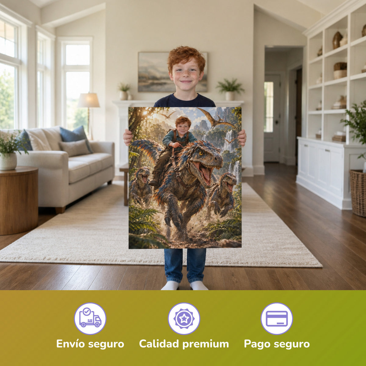 Ritt auf dem Raptor – Junge hält das gedruckte Poster