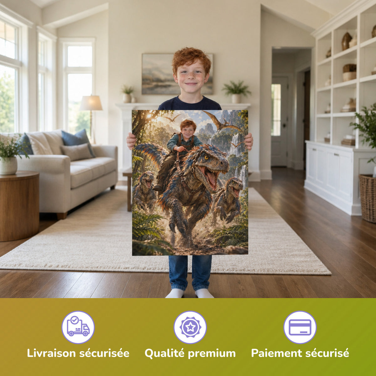 Ritt auf dem Raptor – Junge hält das gedruckte Poster