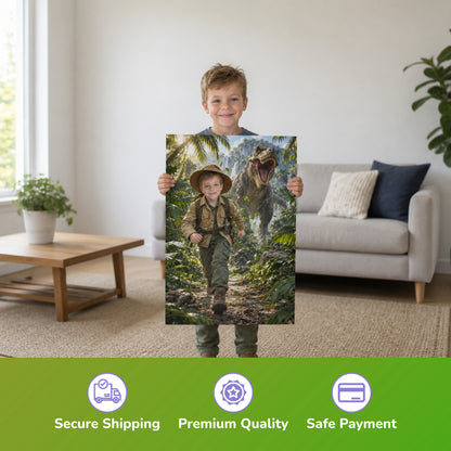 T-Rex-Abenteuer im Dschungel – Junge hält das gedruckte Poster