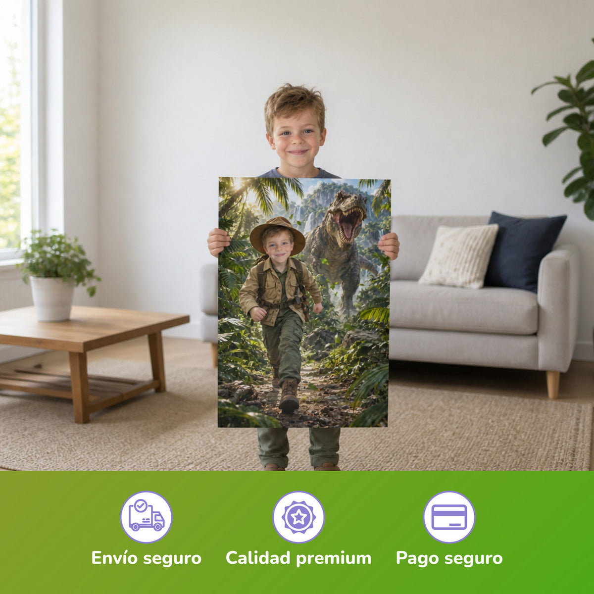 T-Rex-Abenteuer im Dschungel – Junge hält das gedruckte Poster