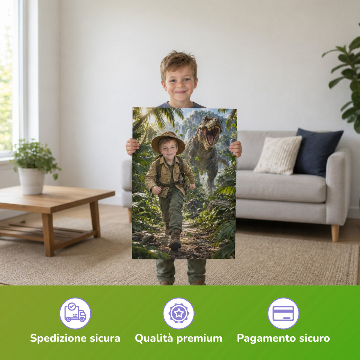 Avventura del T-Rex nella giungla – bambino con il poster stampato
