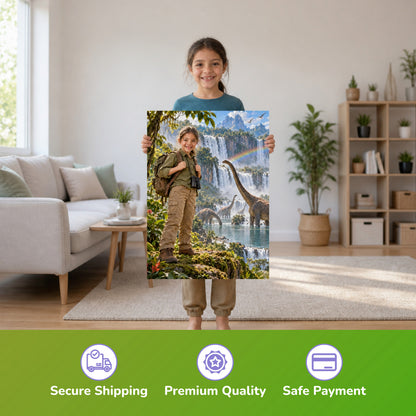 Am Dino-Wasserfall – Mädchen hält das gedruckte Poster