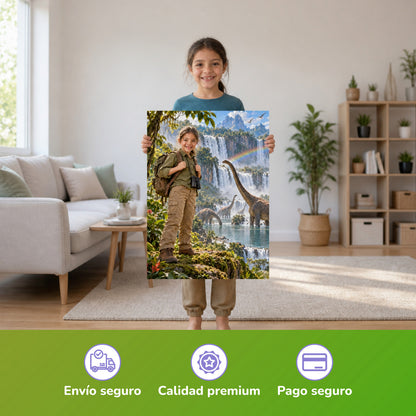 Am Dino-Wasserfall – Mädchen hält das gedruckte Poster