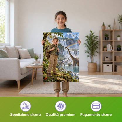 Am Dino-Wasserfall – Mädchen hält das gedruckte Poster