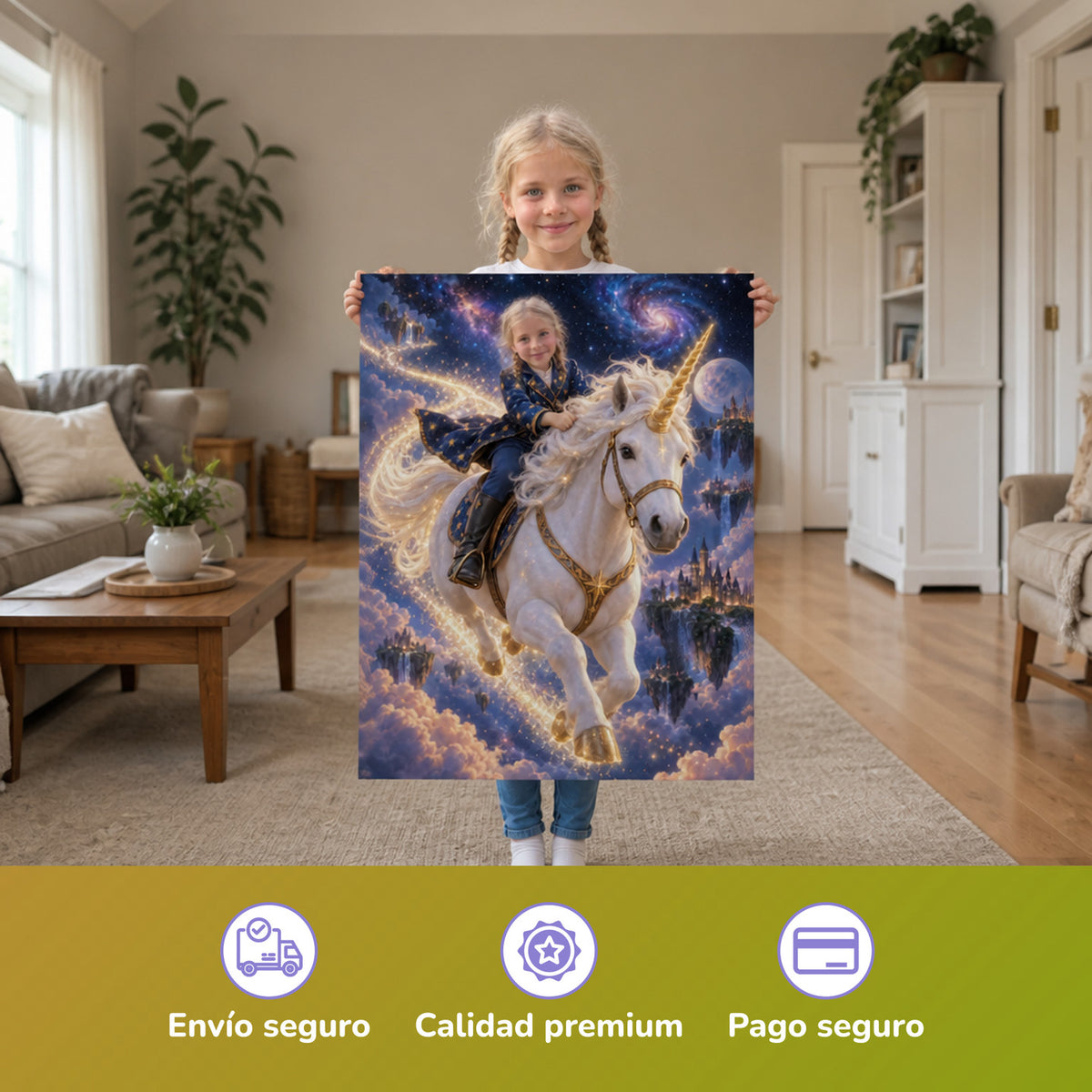 Ritt durch die Sterne – Mädchen hält das gedruckte Poster