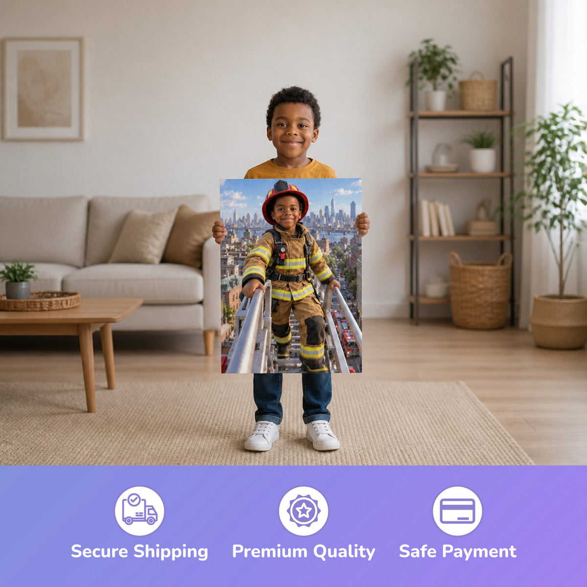 On the Ladder Truck – boy holding the printed poster