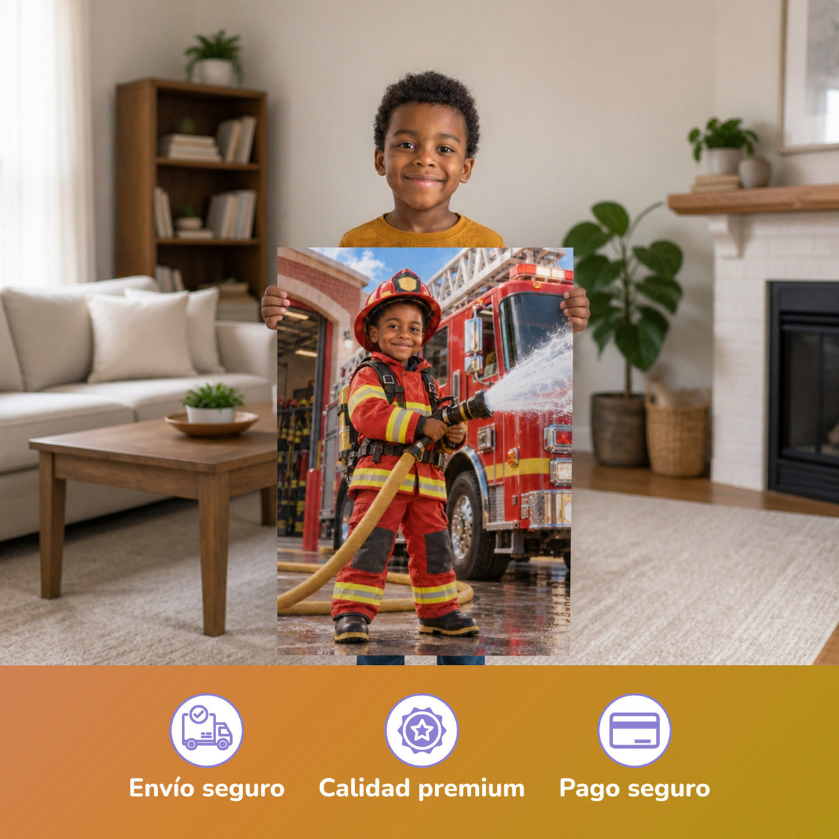 Bomberos en acción – niño con el póster impreso
