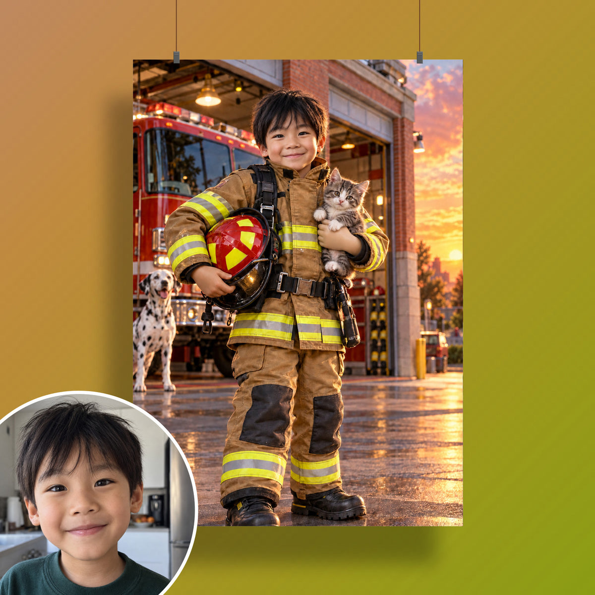 Feuerwehrmann mit dem geretteten Kätzchen – Poster an der Wand