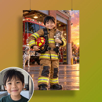 Feuerwehrmann mit dem geretteten Kätzchen – Poster an der Wand