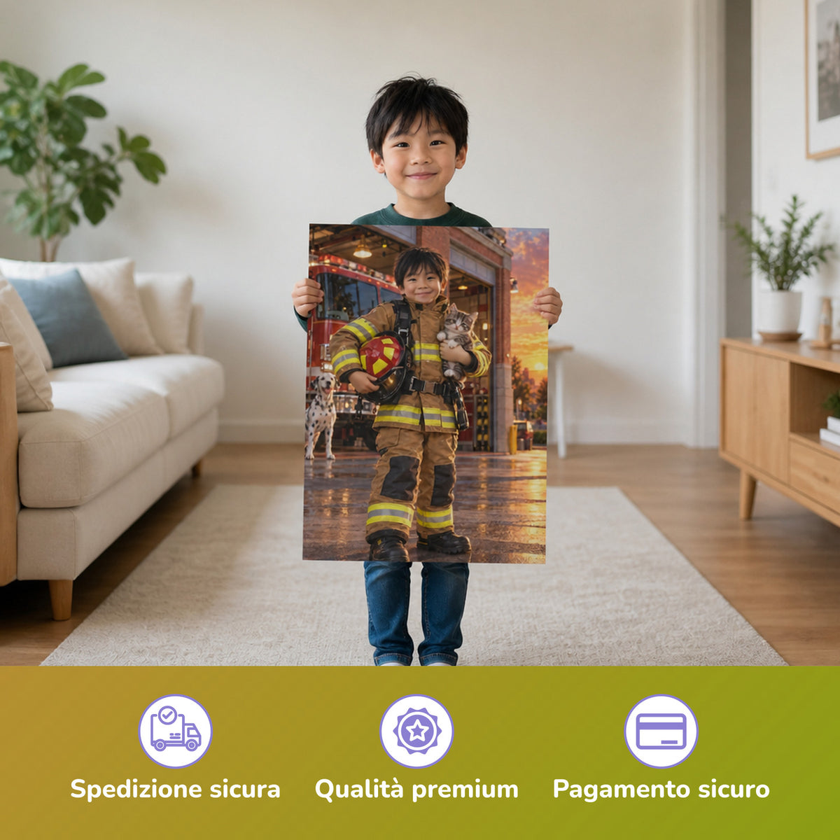 Feuerwehrmann mit dem geretteten Kätzchen – Junge hält das gedruckte Poster