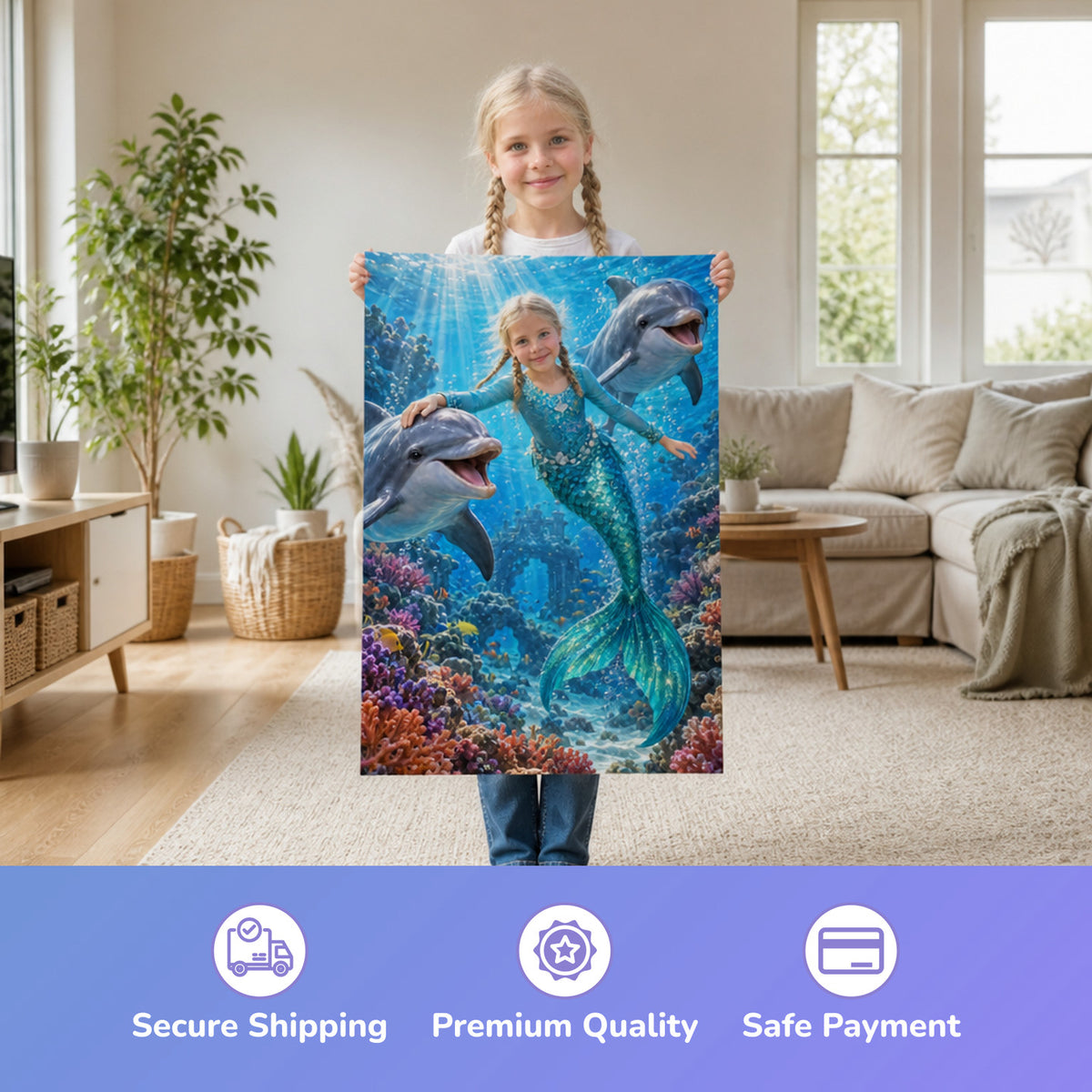 Mermaid with the Dolphins – girl holding the printed poster