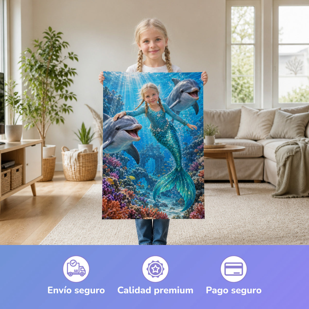 Meerjungfrau mit den Delfinen – Mädchen hält das gedruckte Poster