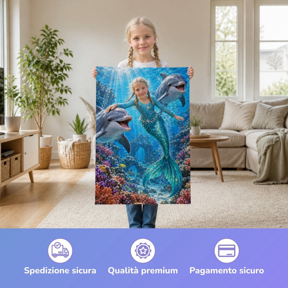 Meerjungfrau mit den Delfinen – Mädchen hält das gedruckte Poster