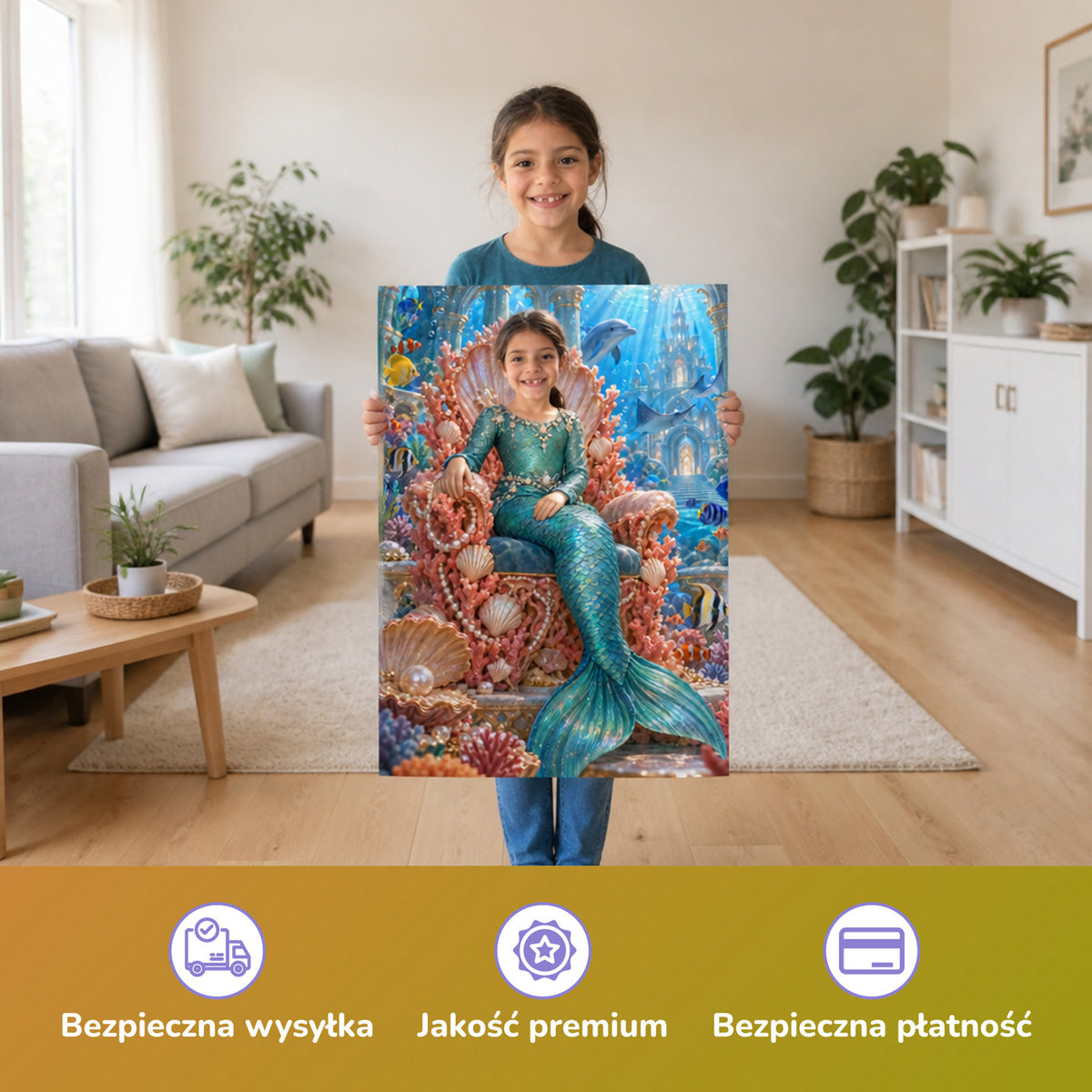 Syrenka na koralowym tronie – dziewczynka trzymająca wydrukowany plakat