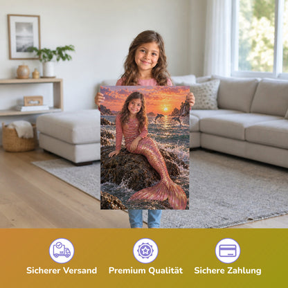 Meerjungfrau in der Abendsonne – Mädchen hält das gedruckte Poster