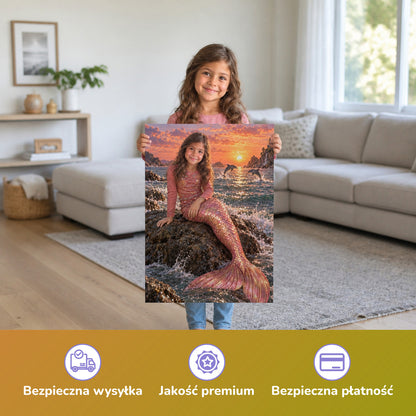 Meerjungfrau in der Abendsonne – Mädchen hält das gedruckte Poster