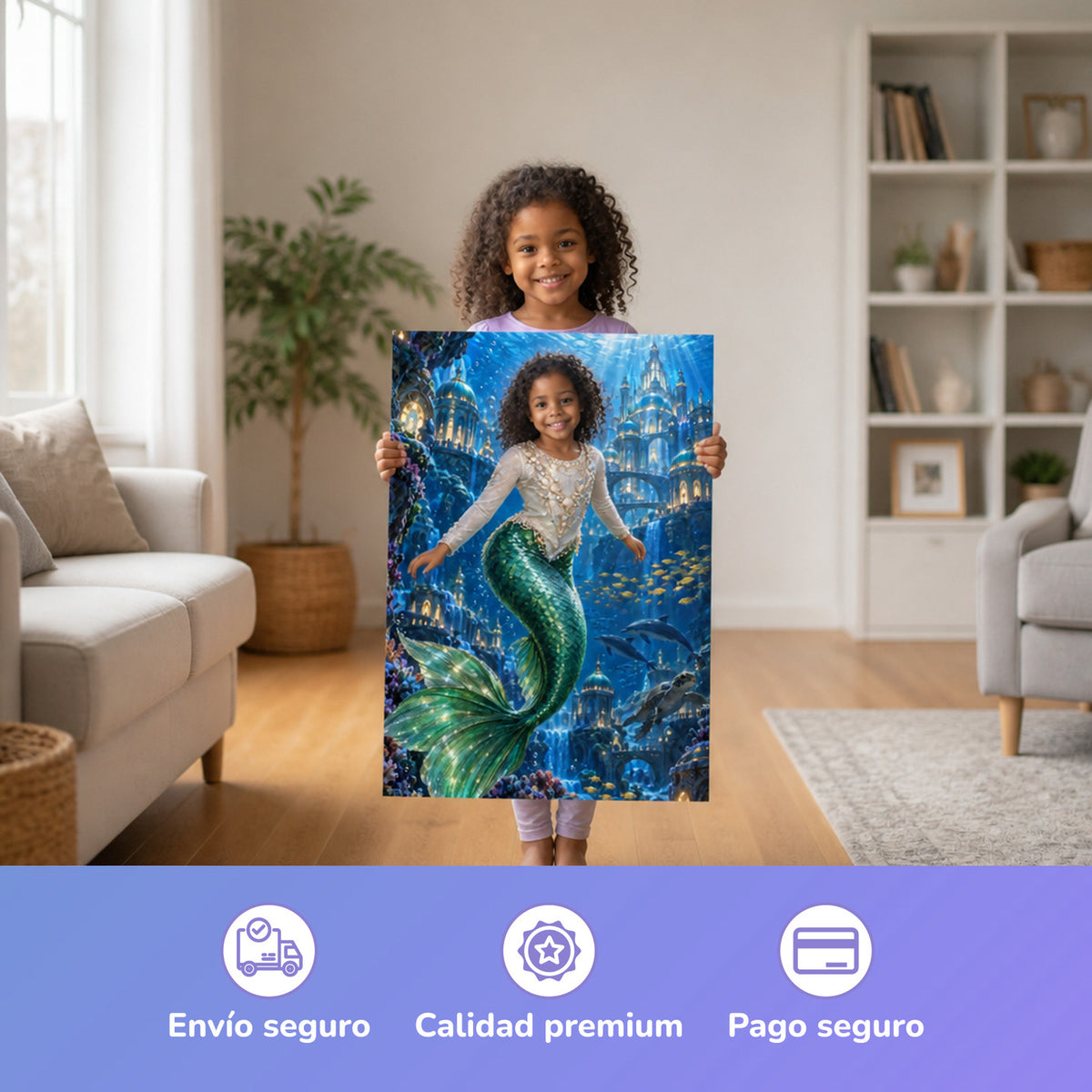 Sirena en la ciudad submarina – niña con el póster impreso
