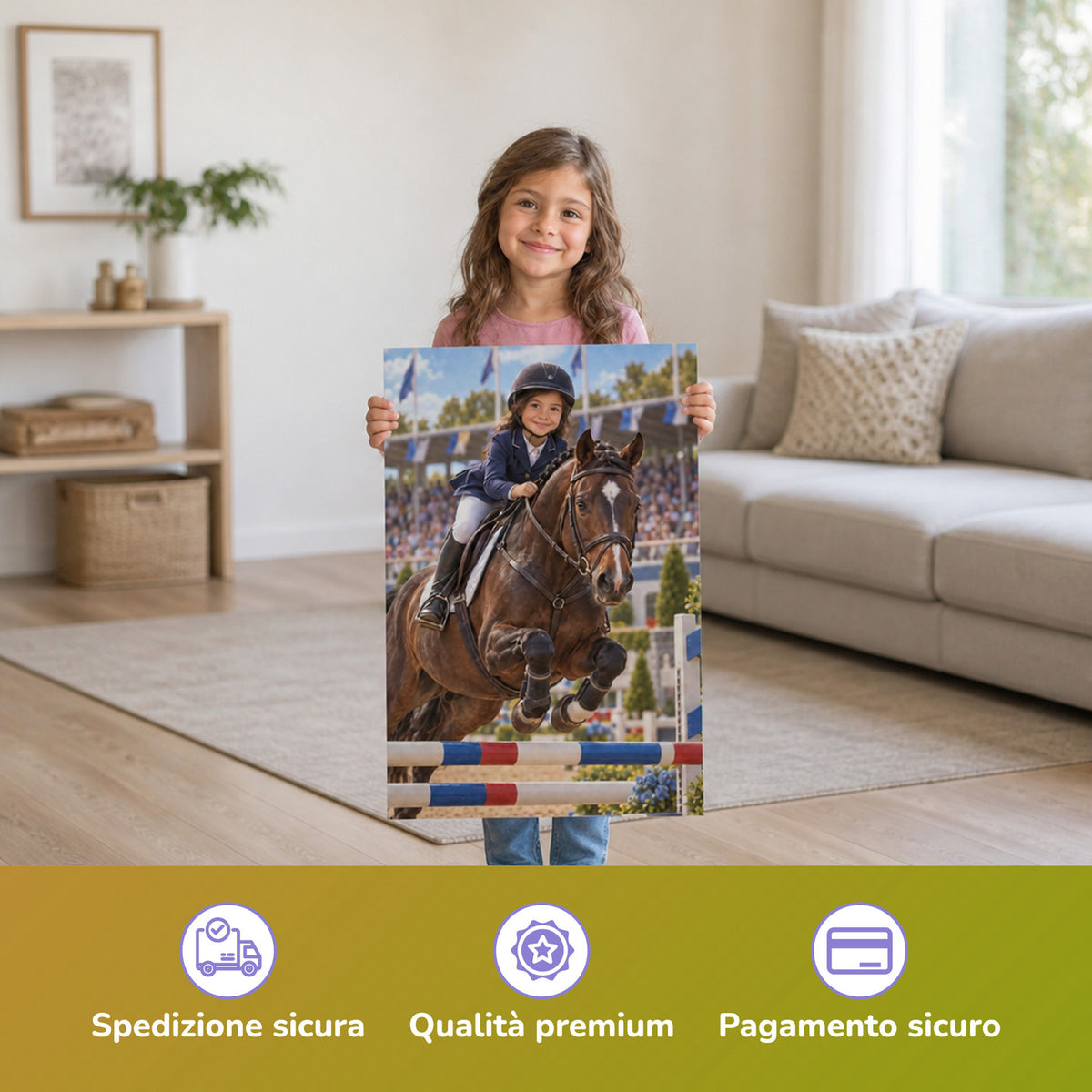 Il concorso di salto ostacoli – bambina con il poster stampato