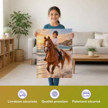 Galopp am Strand – Mädchen hält das gedruckte Poster