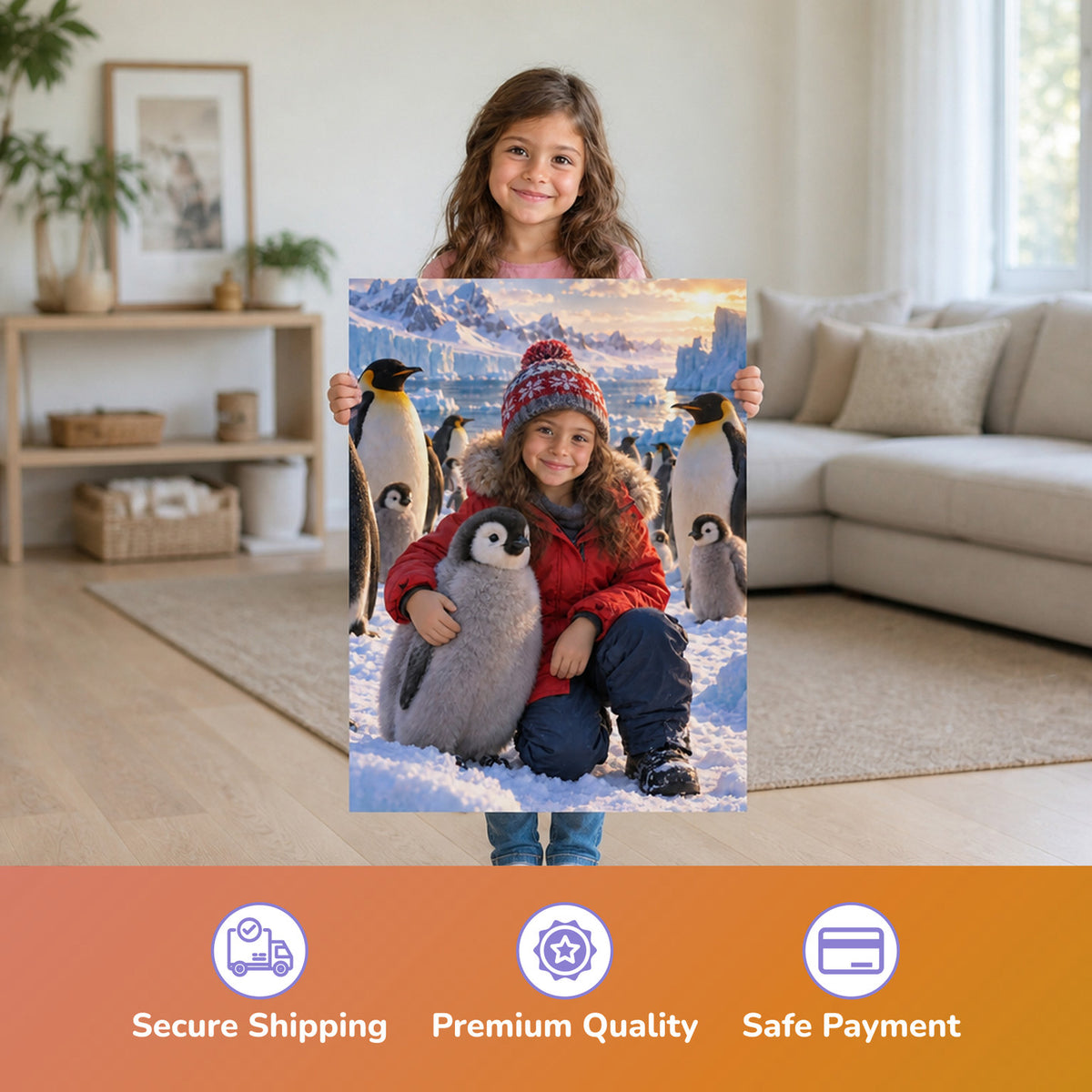 Zu Besuch bei den Pinguinen – Mädchen hält das gedruckte Poster