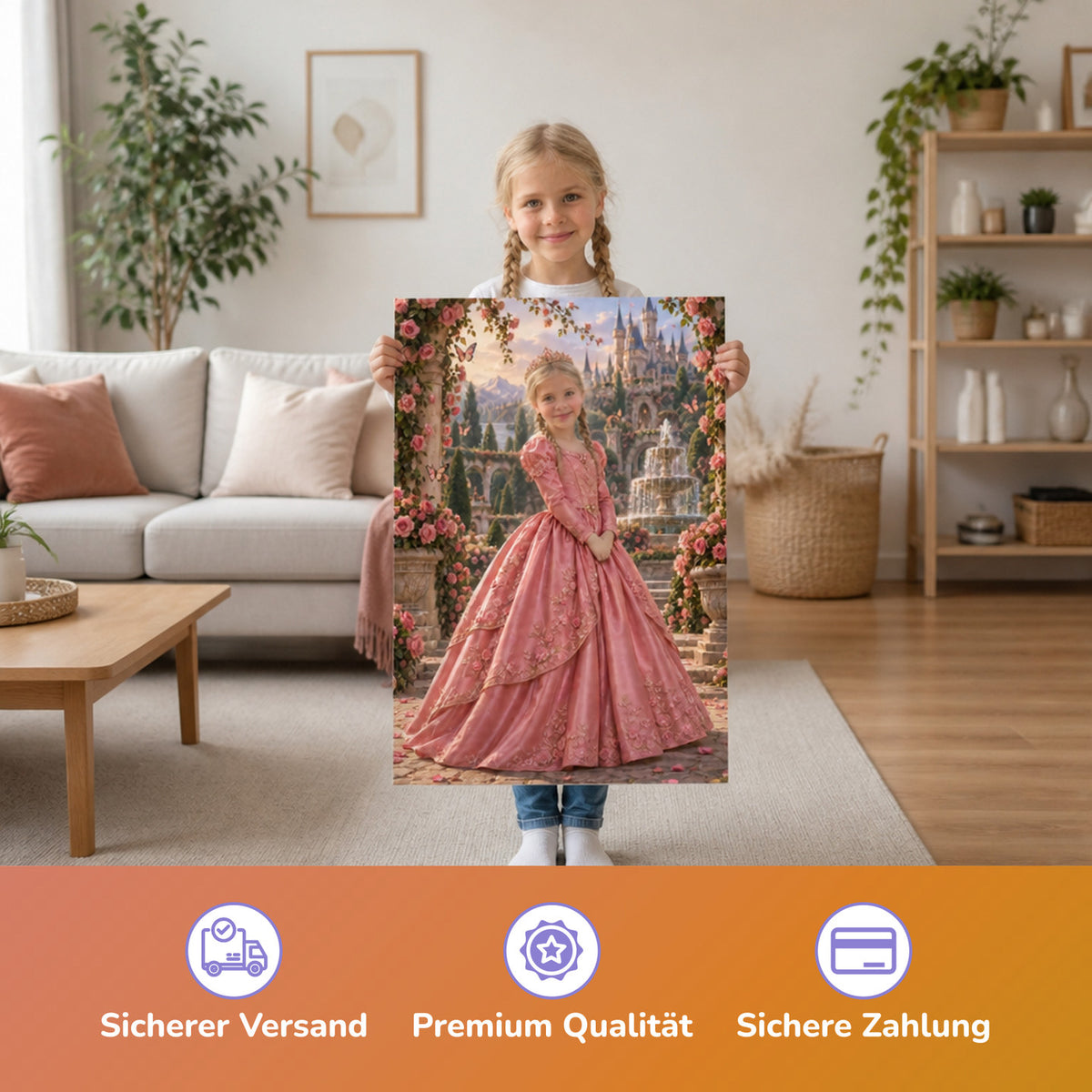 Prinzessin zwischen den Rosenbögen – Mädchen hält das gedruckte Poster