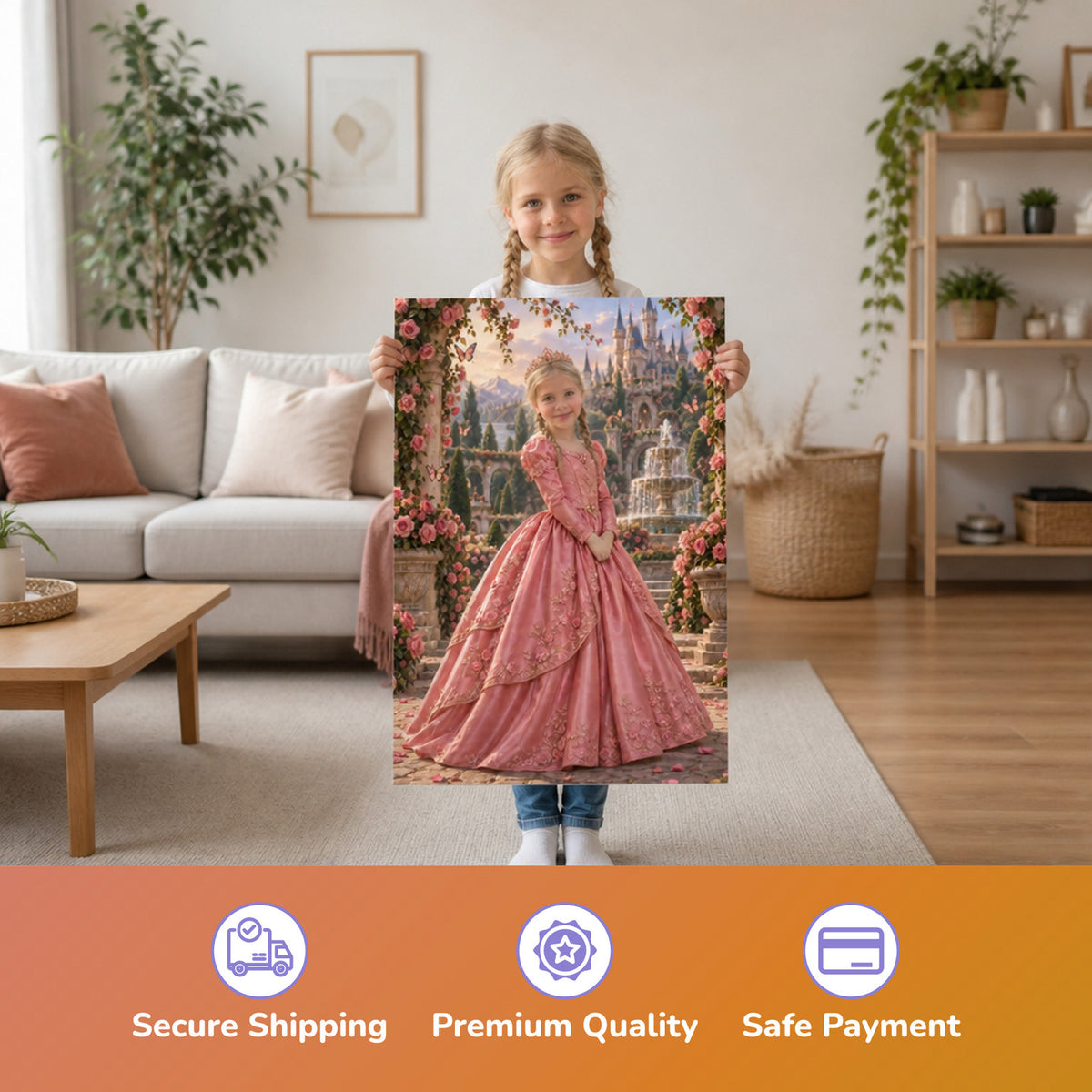 Prinzessin zwischen den Rosenbögen – Mädchen hält das gedruckte Poster