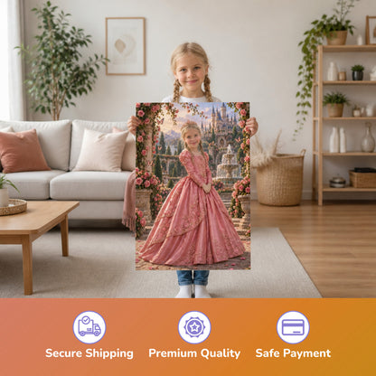 Prinzessin zwischen den Rosenbögen – Mädchen hält das gedruckte Poster