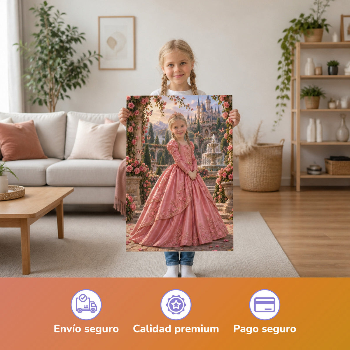 Prinzessin zwischen den Rosenbögen – Mädchen hält das gedruckte Poster