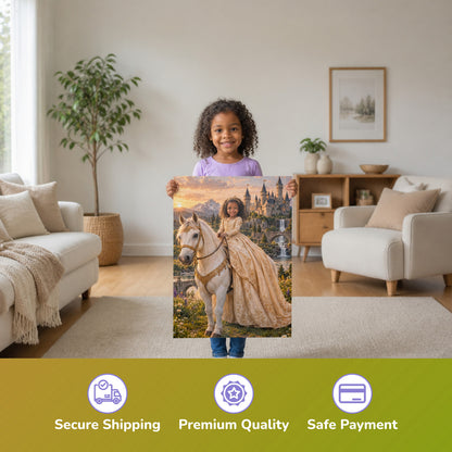 Prinzessin auf dem weißen Pferd – Mädchen hält das gedruckte Poster