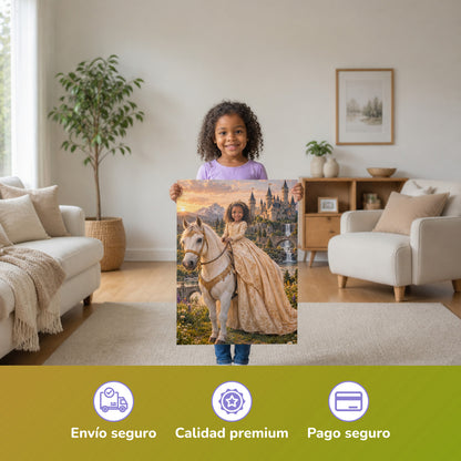 Prinzessin auf dem weißen Pferd – Mädchen hält das gedruckte Poster