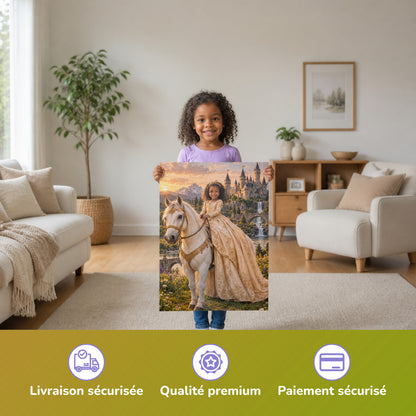 Prinzessin auf dem weißen Pferd – Mädchen hält das gedruckte Poster