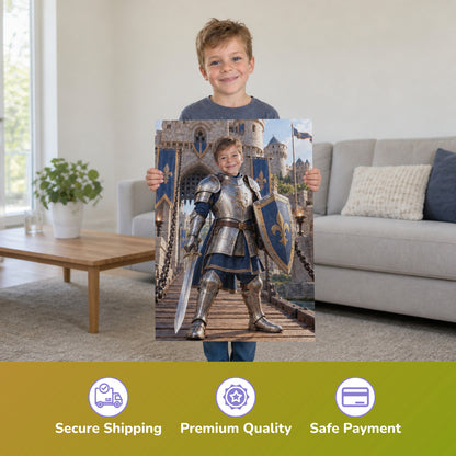Der Ritter auf der Burg – Junge hält das gedruckte Poster