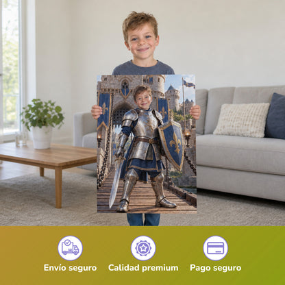 Der Ritter auf der Burg – Junge hält das gedruckte Poster