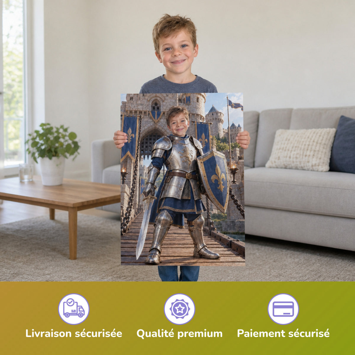 Der Ritter auf der Burg – Junge hält das gedruckte Poster