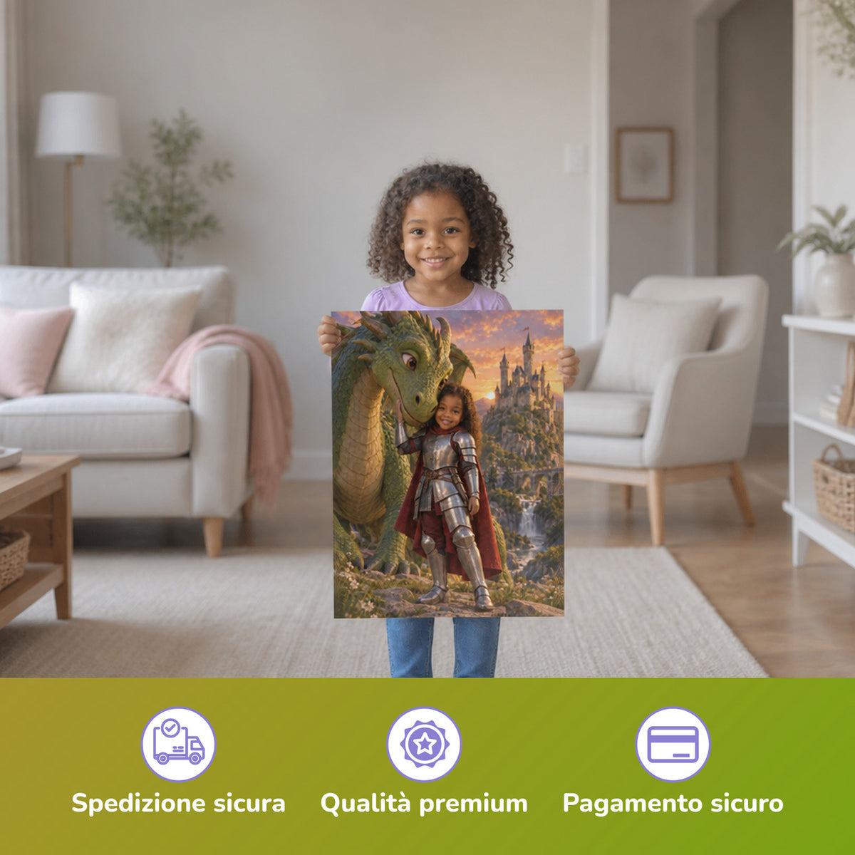 La cavaliera e il drago – bambina con il poster stampato