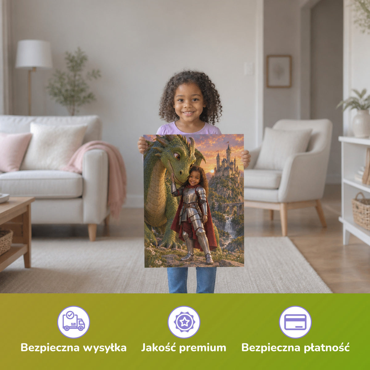 Die Ritterin und der Drache – Mädchen hält das gedruckte Poster