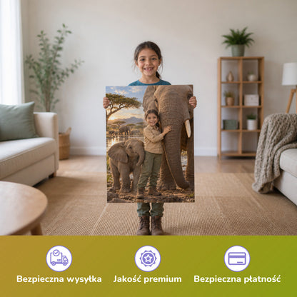 Bei den Elefanten – Mädchen hält das gedruckte Poster