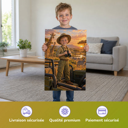 Safari im Jeep – Junge hält das gedruckte Poster