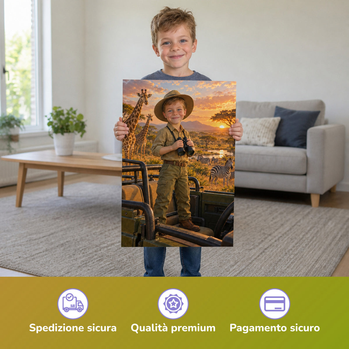 Safari im Jeep – Junge hält das gedruckte Poster