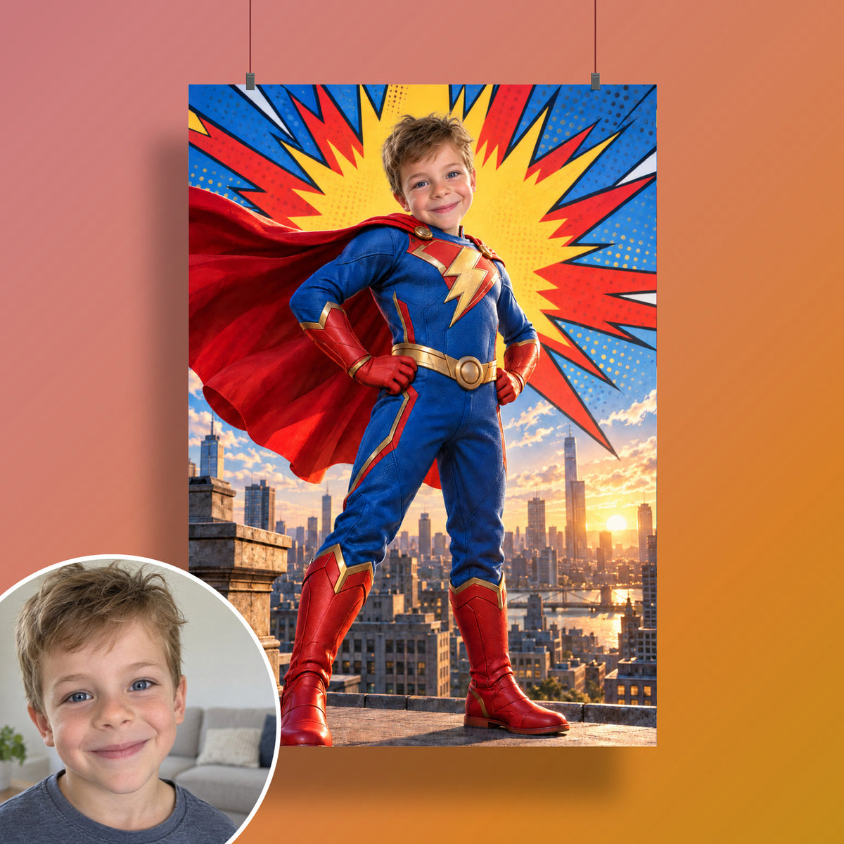 Comic-Superheld über den Dächern – Poster an der Wand