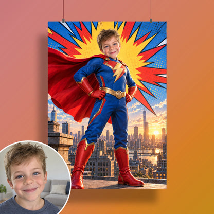 Comic-Superheld über den Dächern – Poster an der Wand