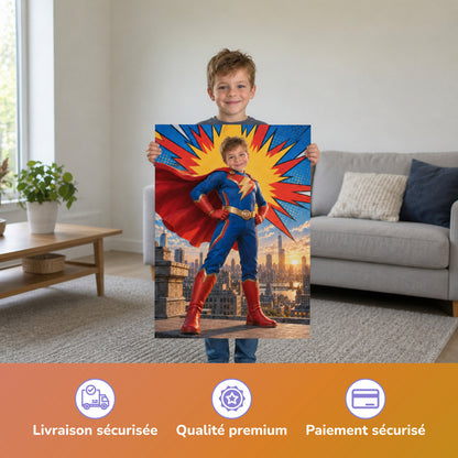 Comic-Superheld über den Dächern – Junge hält das gedruckte Poster