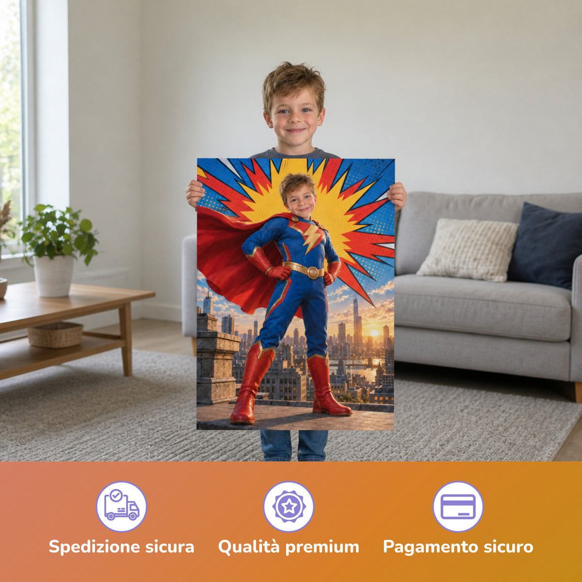 Supereroe dei fumetti sopra i tetti – bambino con il poster stampato