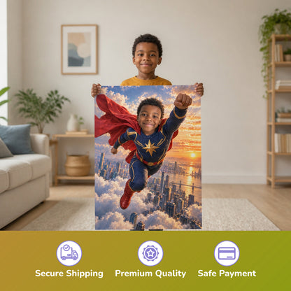 Superheld über den Wolken – Junge hält das gedruckte Poster