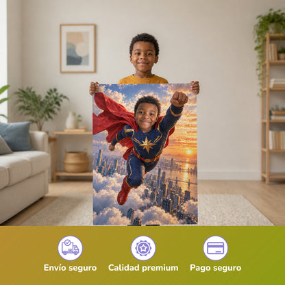 Superheld über den Wolken – Junge hält das gedruckte Poster